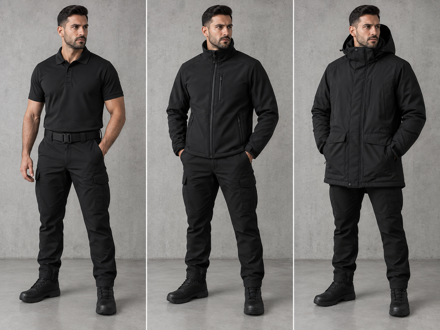 Pack Essentiel : polo, softshell et parka noirs portés par un agent
