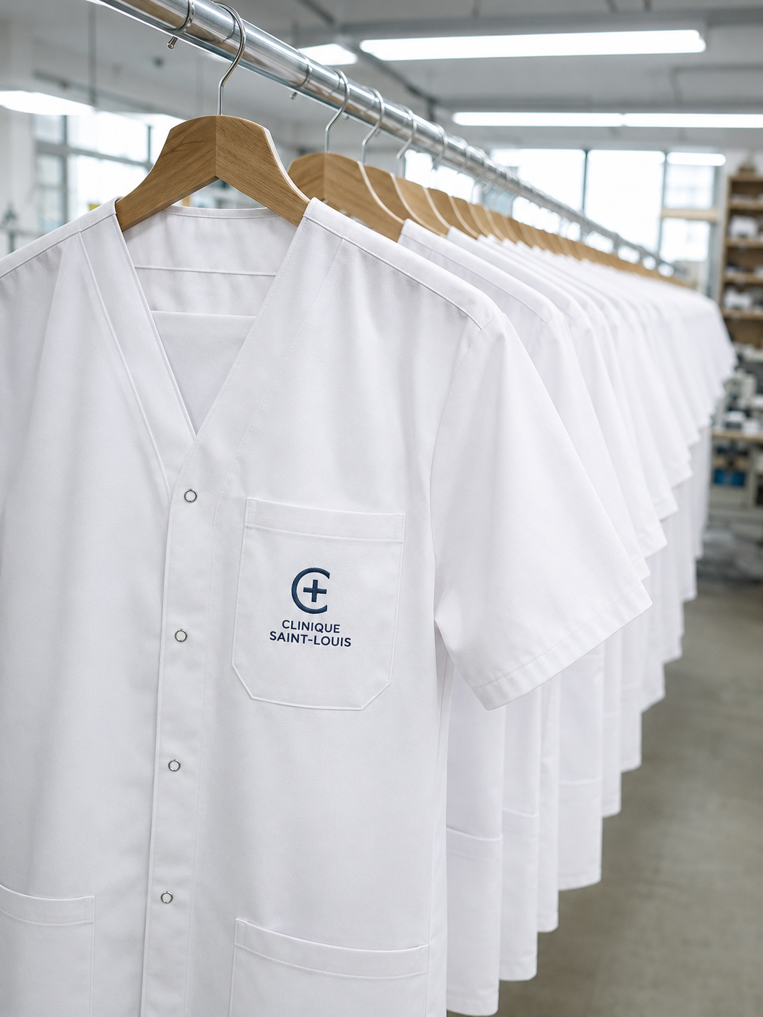 Blouses médicales Clinique Saint-Louis suspendues