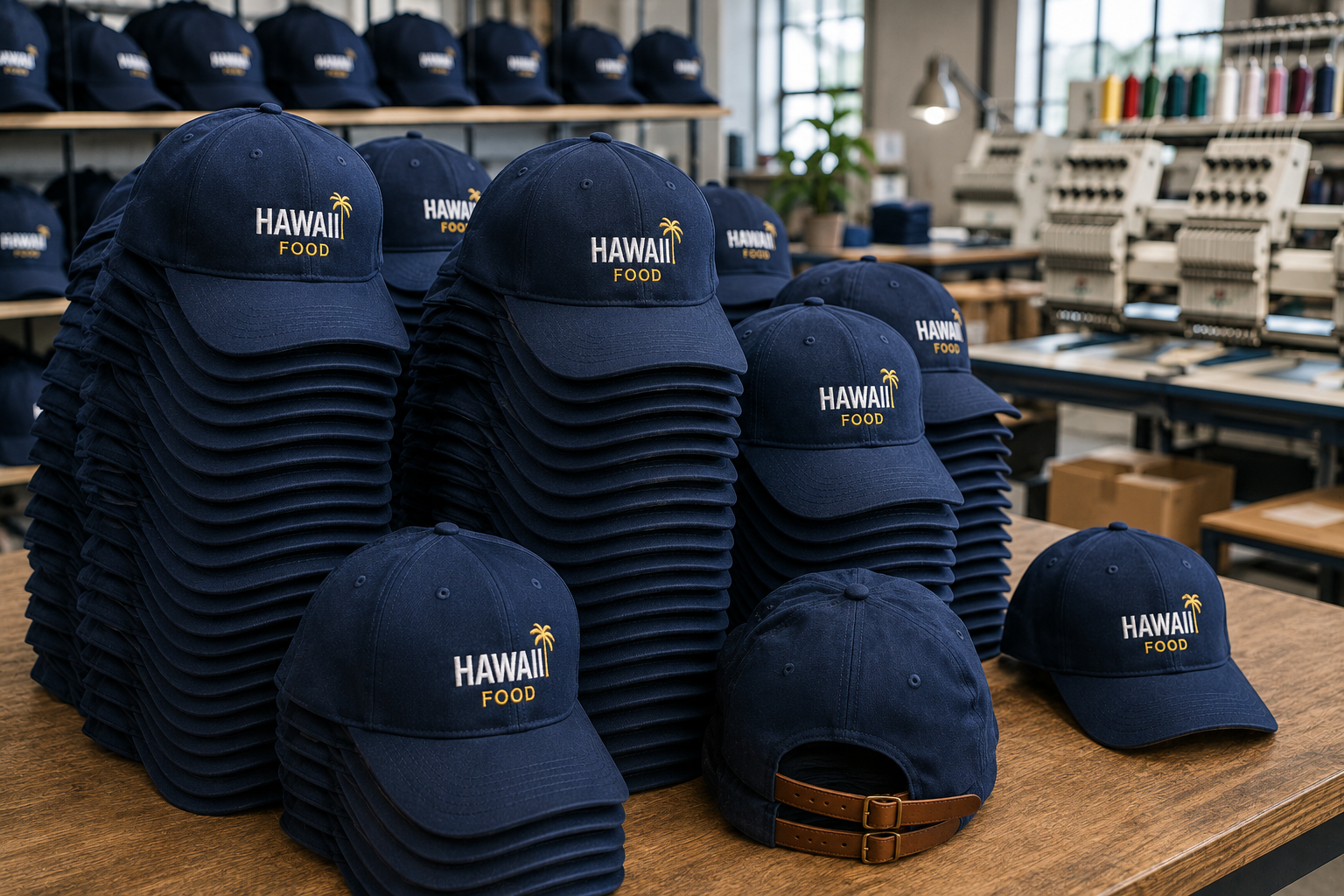 Casquettes brodées Hawaii Food en pile