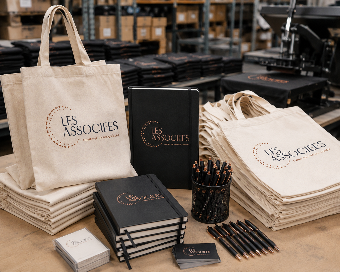 Kit promotionnel Les Associées — tote bags, carnets, stylos, cartes