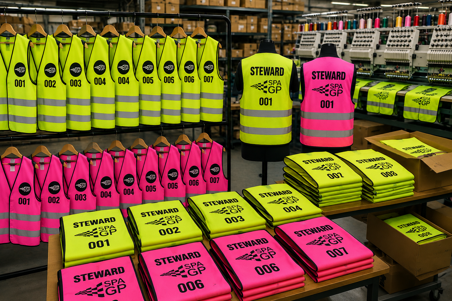 Gilets stewards Spa GP — sérigraphie noire sur HV jaune et rose