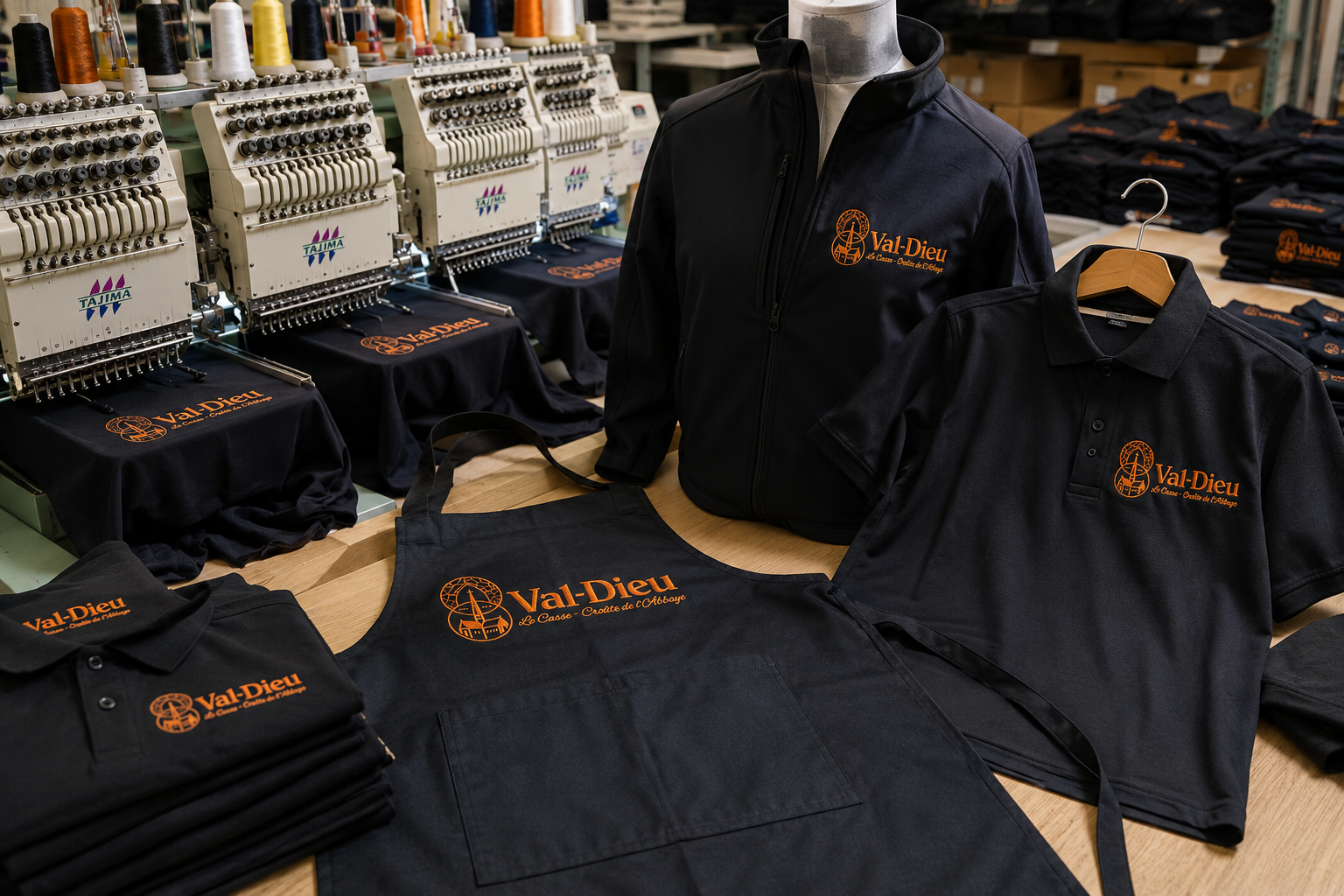 Mise en scène atelier — broderie polos, softshell et tablier Val-Dieu